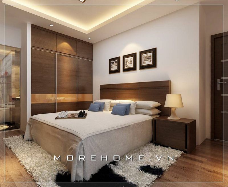 Lựa chọn kiểu giường ngủ gỗ công nghiệp màu nâu giúp không gian phòng ngủ ấm áp, thân thiện, tạo cảm giác dễ chịu